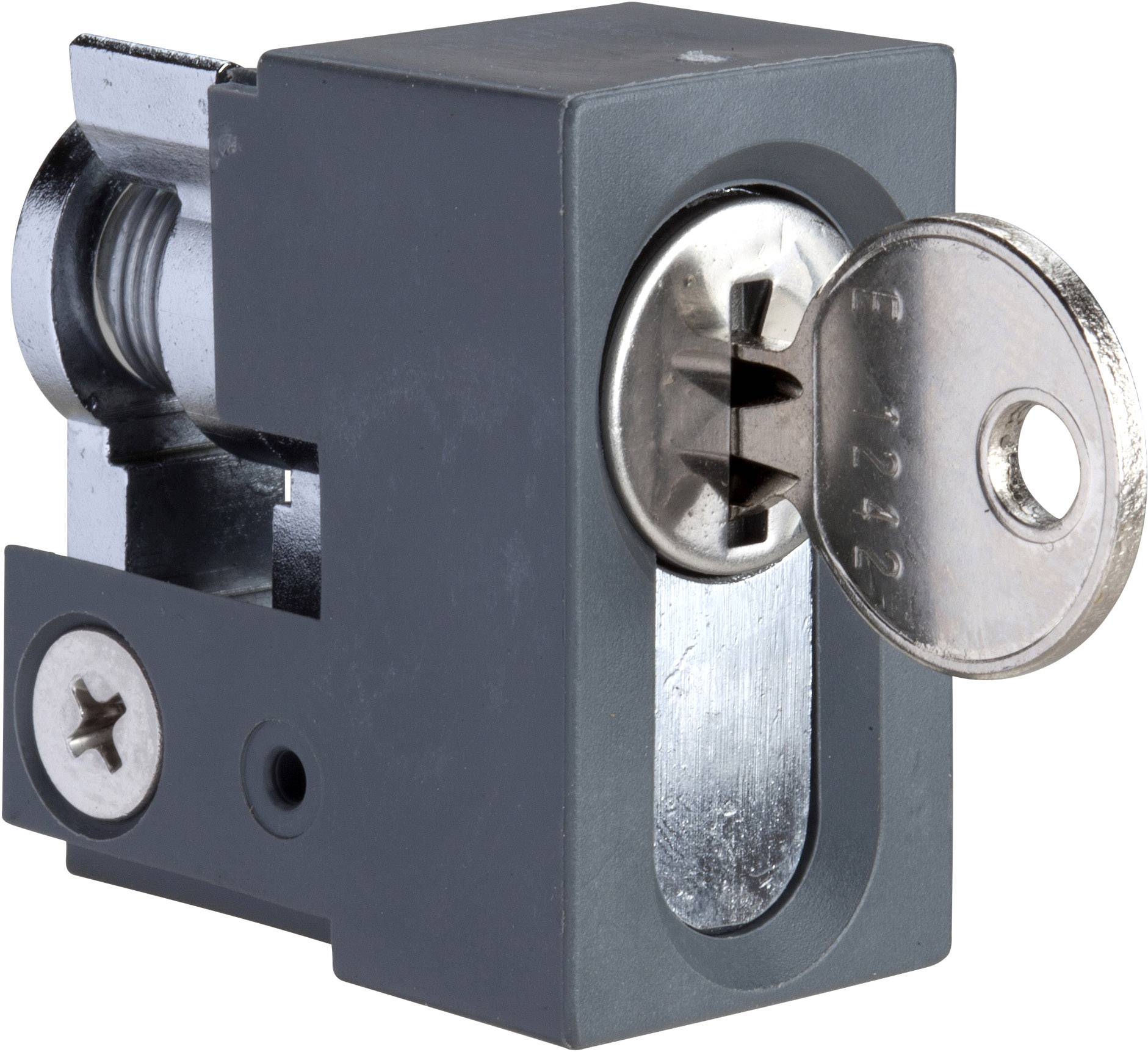 'Metal lock with an inserted key; square-shaped with visible mounting screws; suitable for locking mechanisms.'