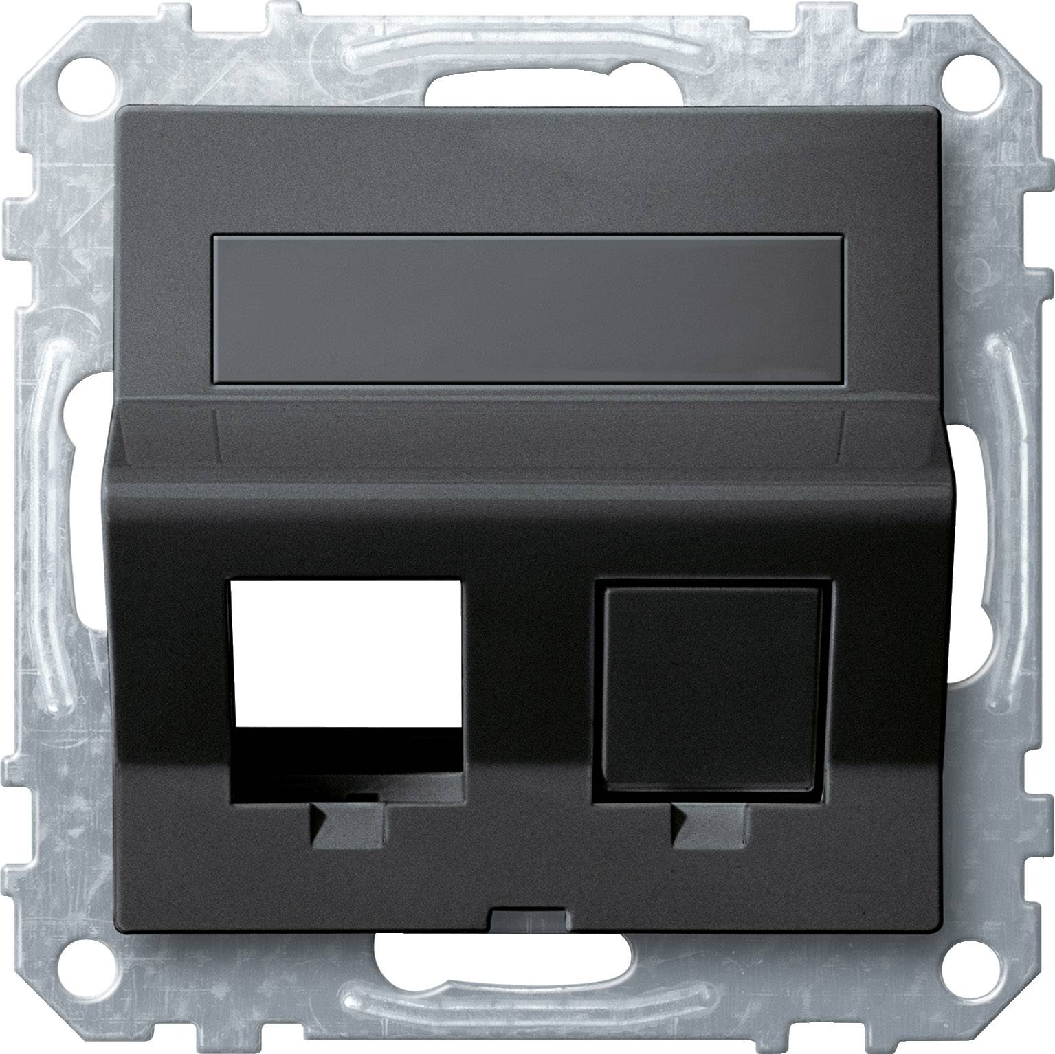 A black electrical connection module with two openings, suitable for network or telephone connections, in front of a grey metal mounting bracket.