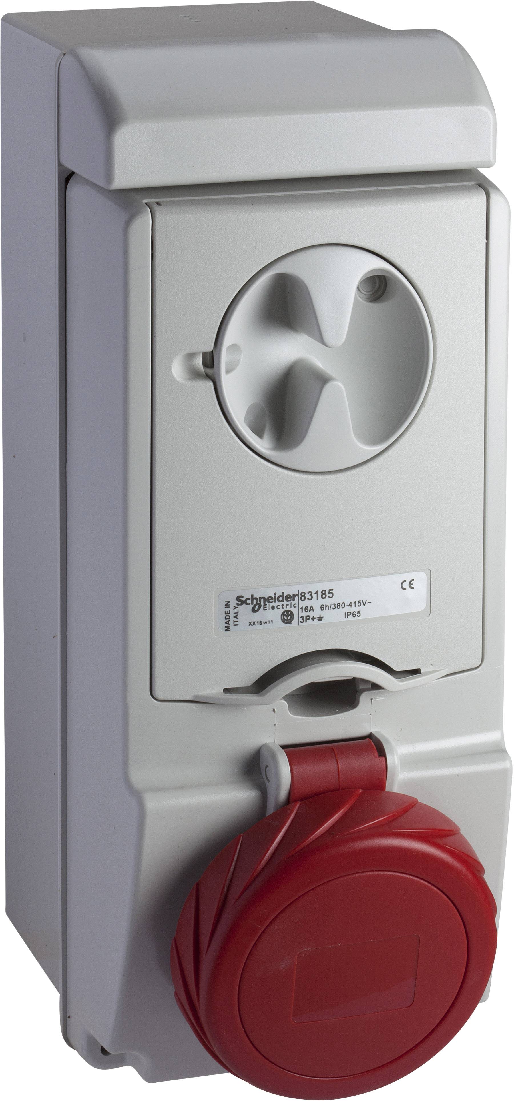 Industrial socket in a grey housing with a red plug, suitable for demanding applications. Safety markings are visible.