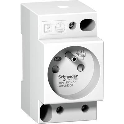 A white electrical component by Schneider Electric, certified for 16A 250V. It has connection openings and is CE-certified.