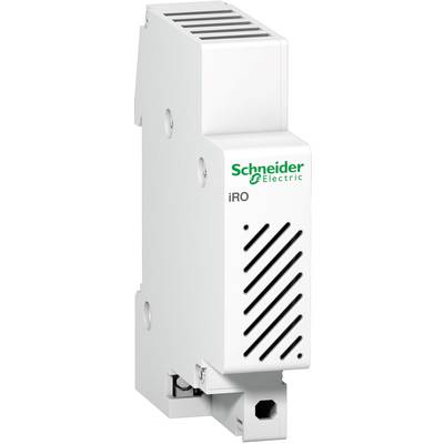 A white electrical device from Schneider Electric with ventilation slots, suitable for mounting on a DIN rail.