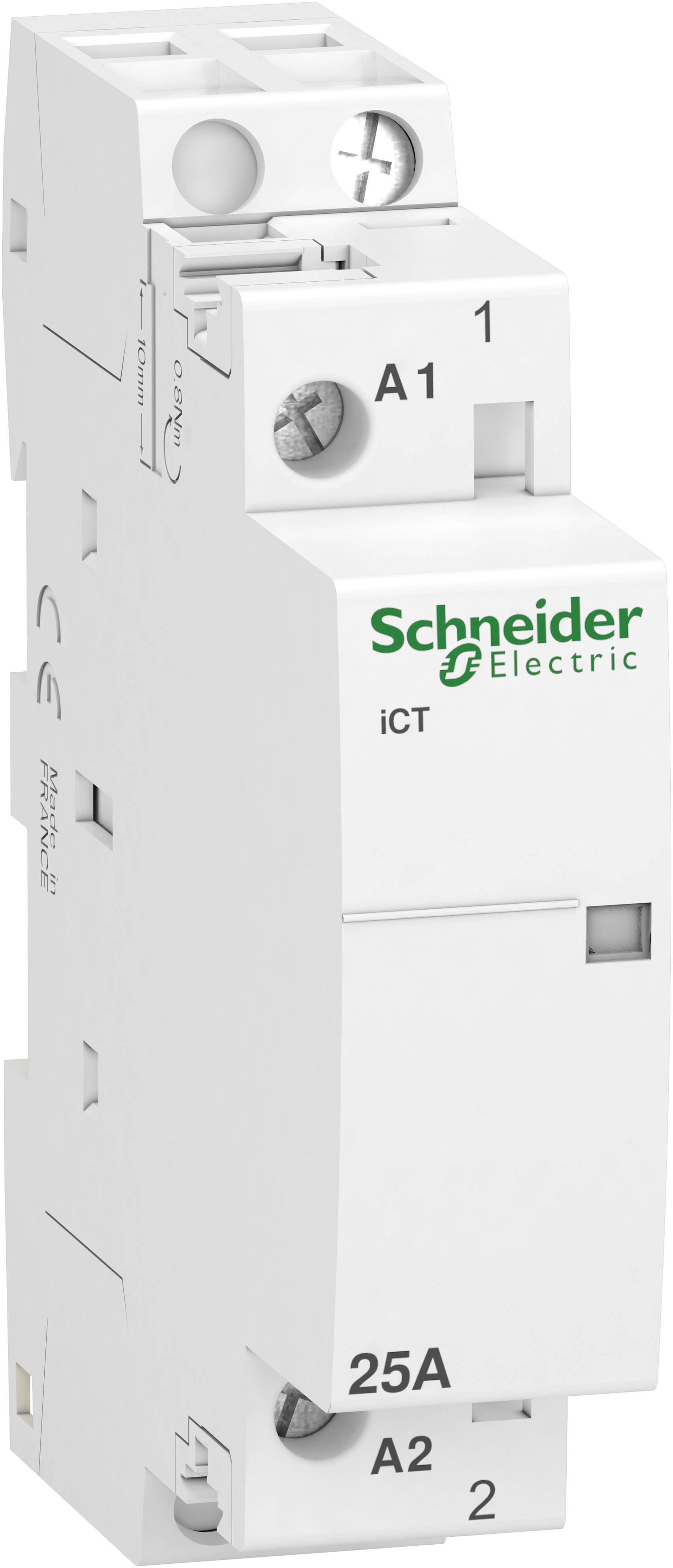 'Schneider Electric iCT' contactor with 25 Amperes, white, showing terminals A1 and A2. Electrical component for controlling electrical circuits.