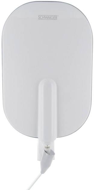 White, rectangular antenna with rounded corners, vertically oriented. A cable is connected at the bottom.