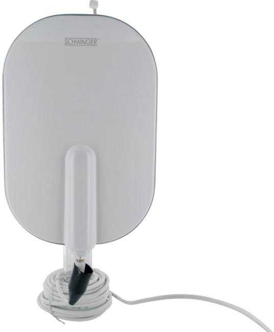 A white, oval antenna by 'Schwaiger' with cable, standing on a base, against a neutral background.