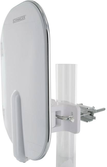 A white, oval antenna with a mounting bracket, fixed to a vertical pipe.