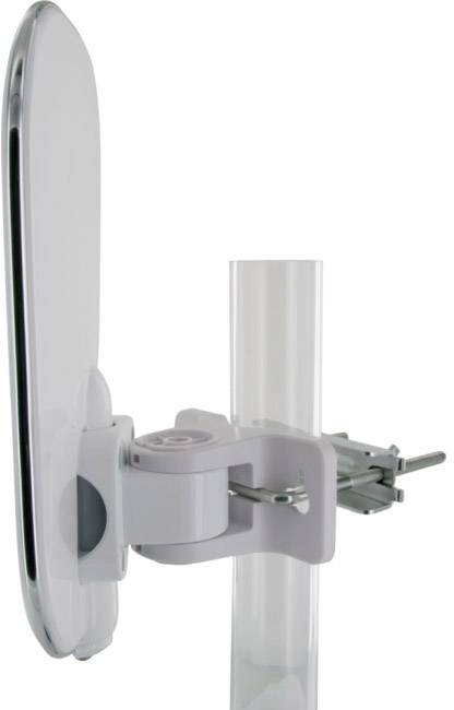 White parabolic antenna mounted sideways on a clear plastic pipe, suitable for outdoor use.