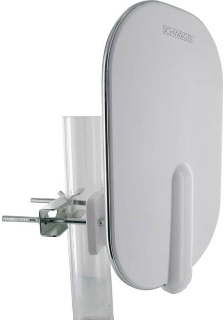 White, oval antenna on a metal bracket, mounted on a round post, from the Schwager brand.