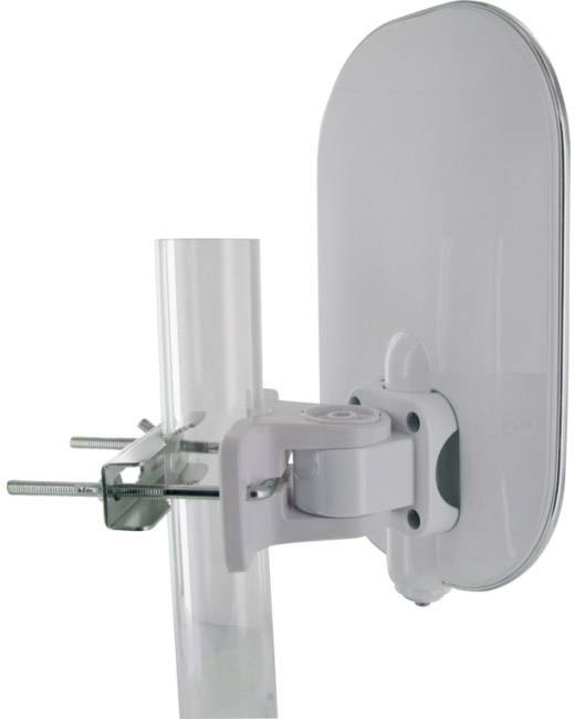A white external antenna, mounted on a transparent mast, positioned sideways. Suitable for TV or radio signals.