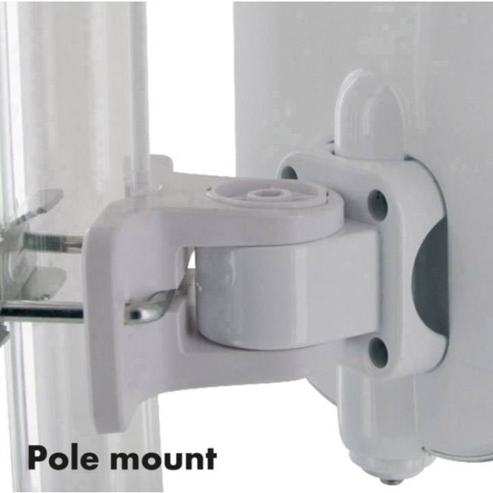 Mounting system for poles, showing a white bracket with screws and attachment for installation on a vertical pipe.