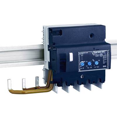 A black circuit breaker is mounted on a metal rail. Three blue buttons and a scale are visible on the front panel.
