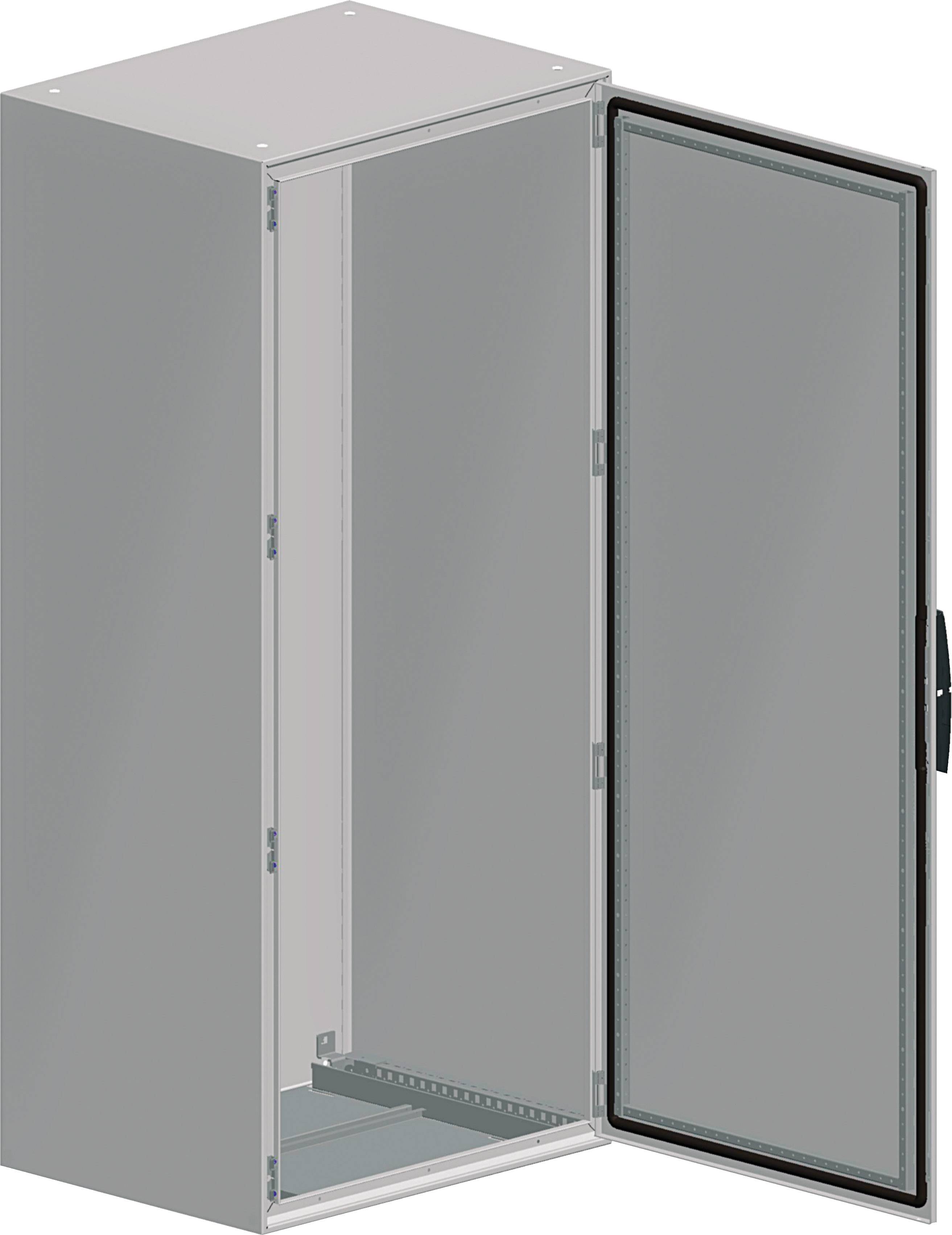 An open grey metal cabinet with a glass door, suitable for storing technical equipment.