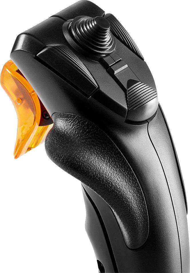 Joystick with an ergonomic grip, black surface and orange trigger. Used for precise control, for example in flight simulators.