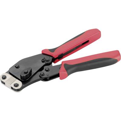 A red and black cable lug crimping pliers used for crimping electrical cable connections.