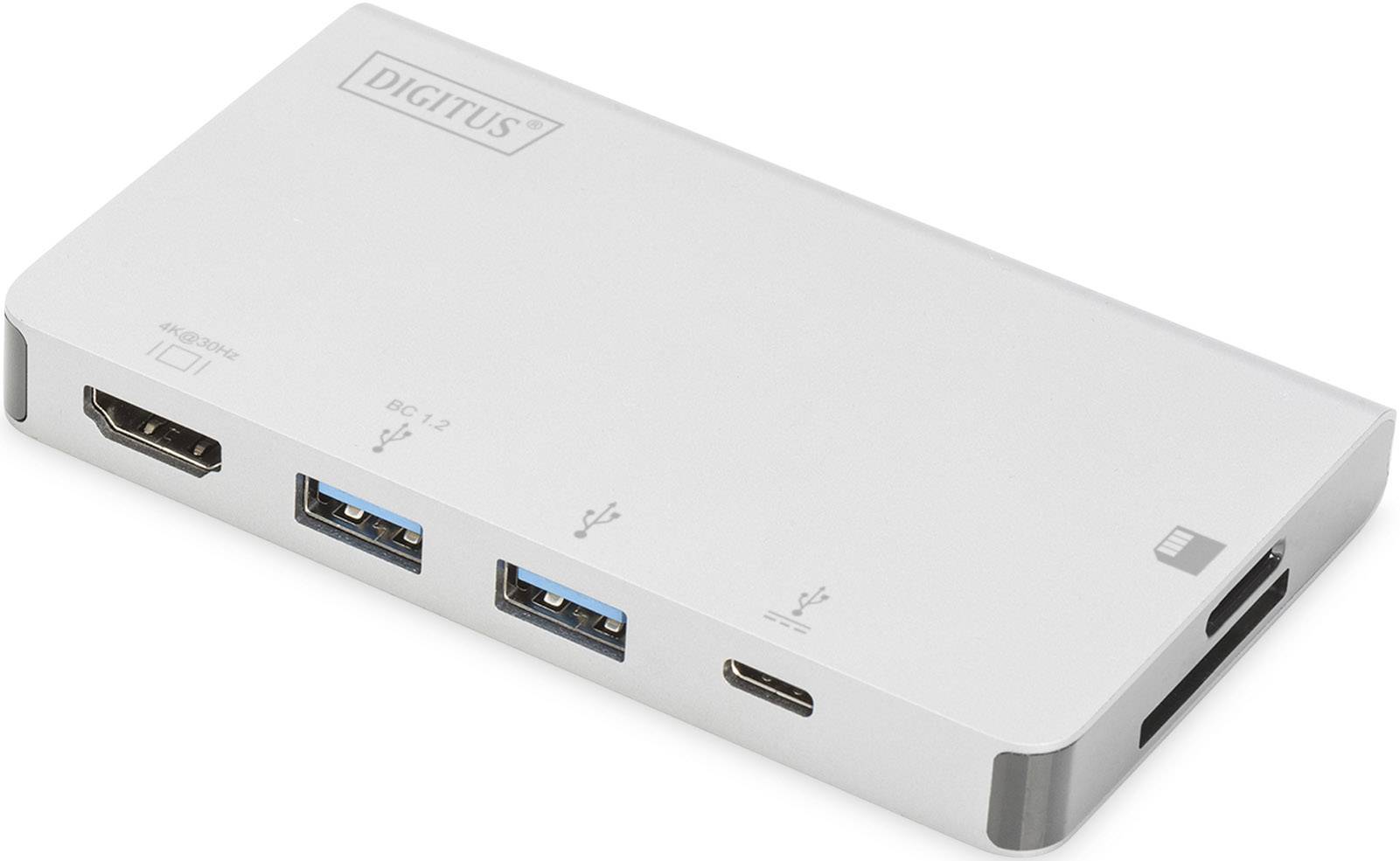 A white USB-C docking station adapter with HDMI, two USB 3.0, and one USB-C port, along with a card reader slot.