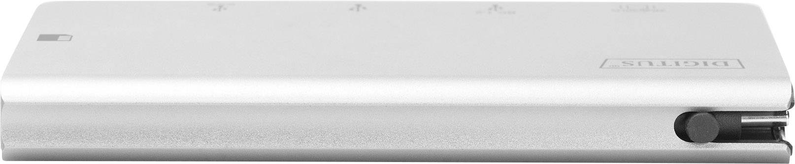 A slim, silver external battery pack with rounded edges and a USB port, suitable for mobile device charging.