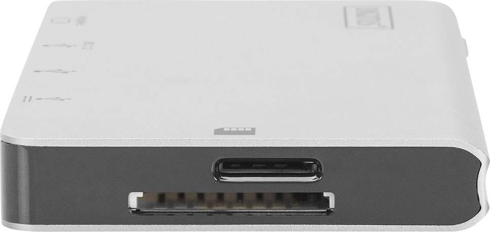 A USB-C hub with multiple ports: a USB-C port and a wider port underneath. Sleek, silver design.