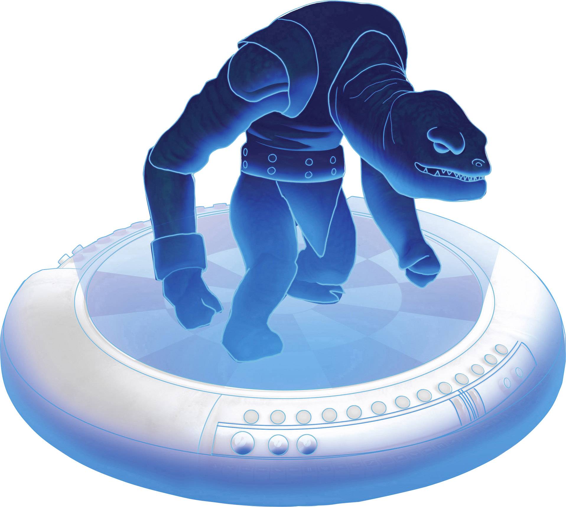 A blue-glowing, futuristic being stands on a circular platform. The being has a muscular physique and is wearing a belt.