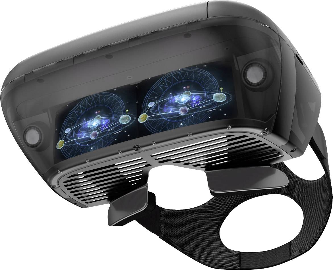 A virtual reality headset displays a digital 3D model of a solar system on its lenses.