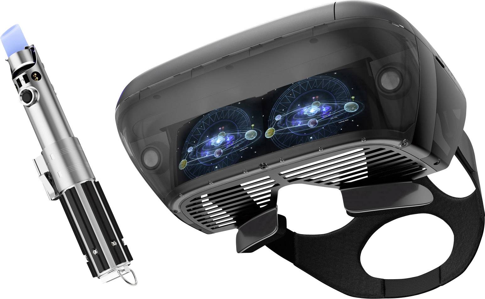 A virtual reality headset with a sci-fi object beside it, displaying holographic space graphics on the lenses.