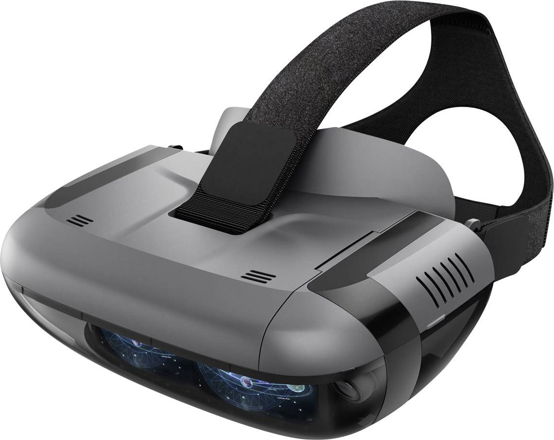 Virtual reality headset with a black headband and futuristic design; two visible lenses on the front.