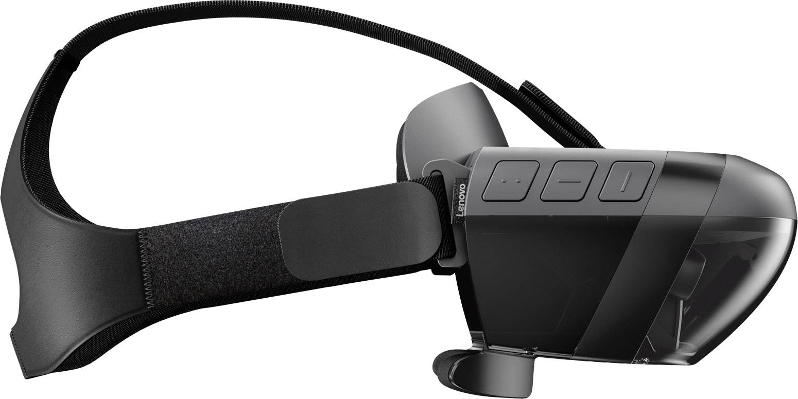 A black VR headset with an elastic headband, suitable for virtual reality experiences. Side view shows multiple control buttons.