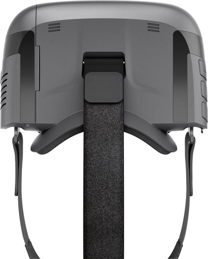 A grey-black VR headset with securing straps and side ventilation slots, shown from the rear view.