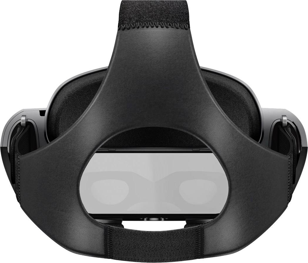 Virtual reality headset with padded headband, white lens and black casing, viewed from behind.