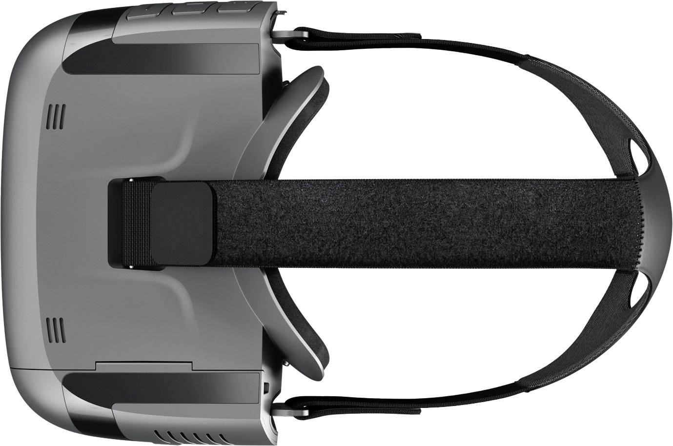 Virtual Reality (VR) headset in grey with headband, viewed from above.