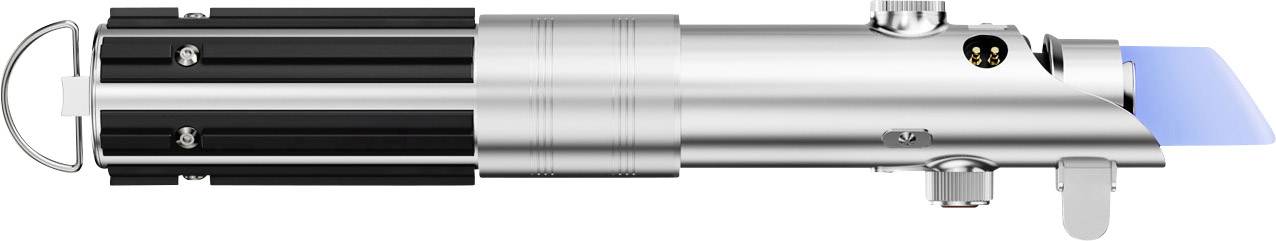 Silver-coloured handle of a lightsaber with a black grip and a blue light beam at the tip.