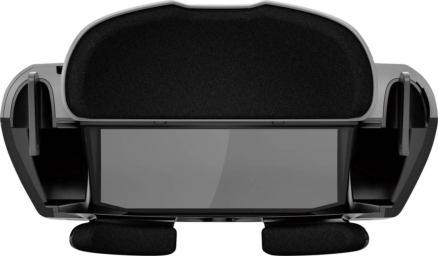 Cockpit view of a virtual reality headset with visible screen and padded ear cups.<br><br>Note: This translation is already in British English, so no significant changes were needed.