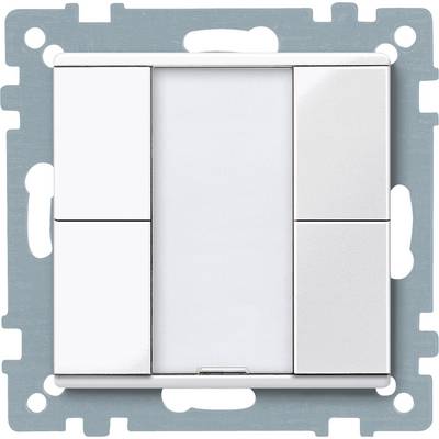 A modern, rectangular light switch with five buttons in a white design, mounted in a metal frame for wall installation.