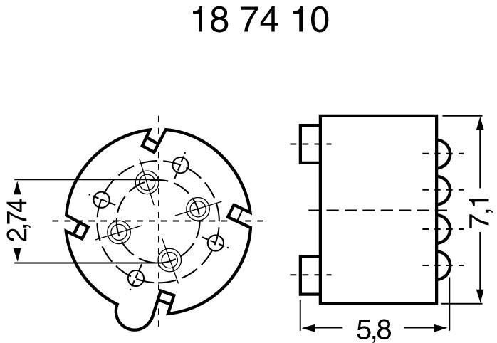 Technical drawing of a six-pole connector with dimensional specifications: Diameter 27.4 mm; Depth 5.8 mm; Height 7.1 mm.