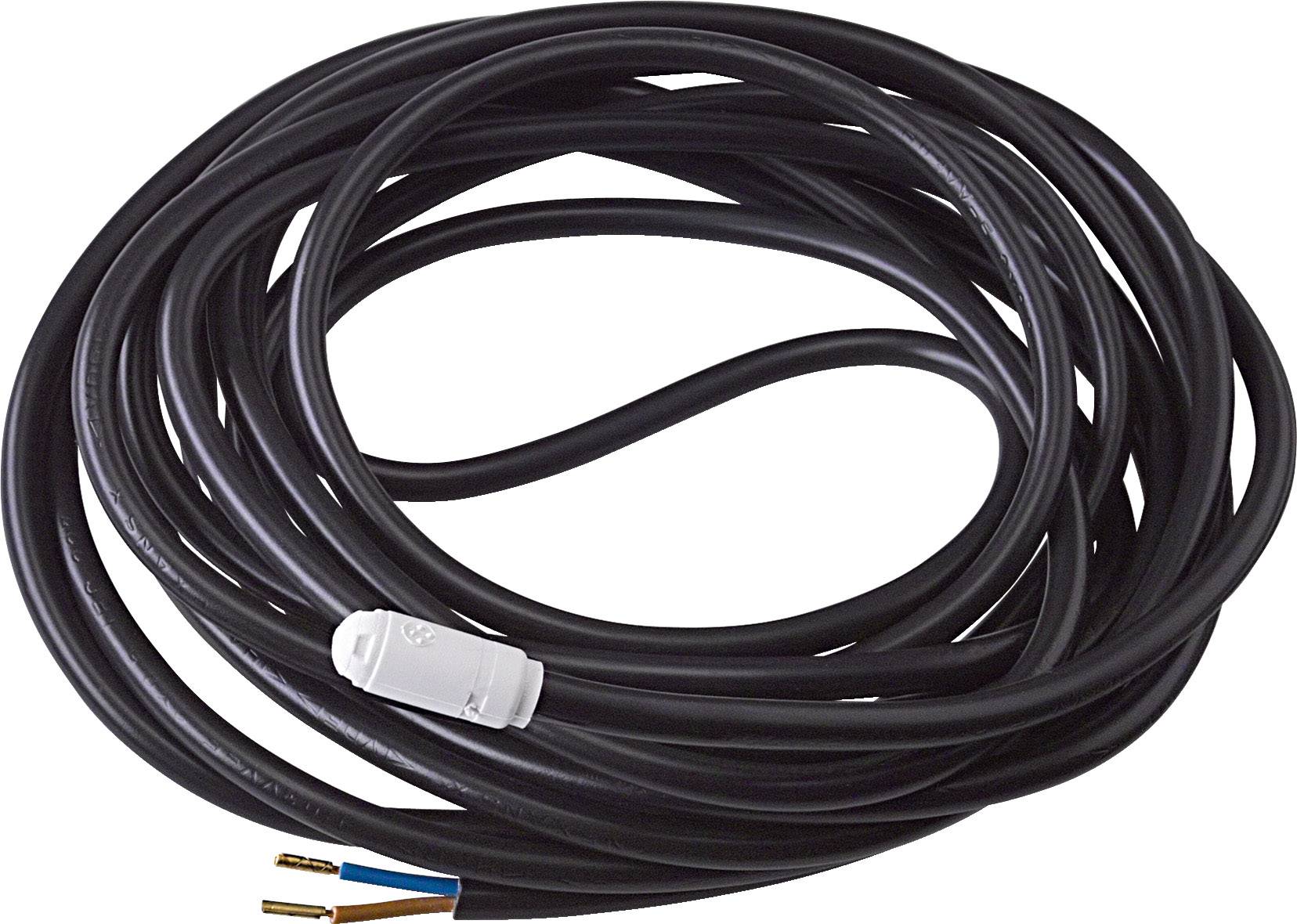 A long, black electric cable with open ends and a white plastic connector, ready for electrical connections.