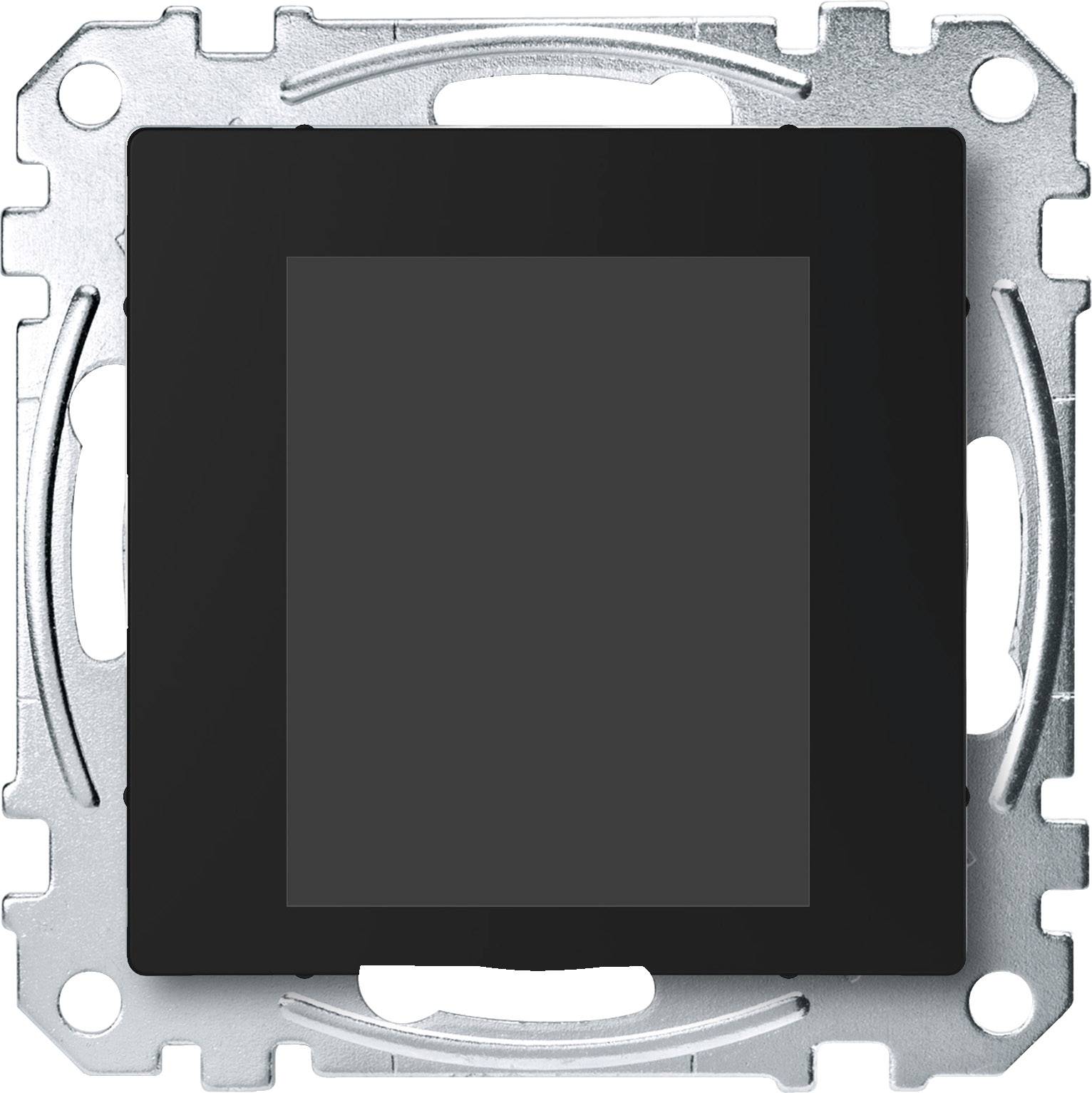 A square, black light switch without visible controls, embedded in a metal mounting bracket.