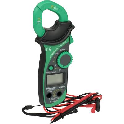Digital clamp meter with green casing, LCD display and two test leads. Suitable for measuring voltage and current.