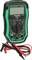 Digital multimeter with green and black casing. With rotary dial for various measurements and two test probes.