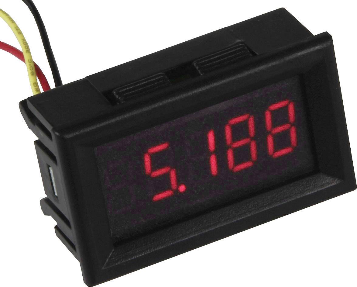 Digital voltmeter with red LED display showing '5.188'. Black casing with yellow, red and black cable.