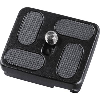 Black quick-change mounting plate with textured rubber surfaces and central screw, suitable for attachment to cameras.