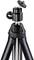 A black camera tripod with an adjustable head and three legs, suitable for photographic and video recordings.
