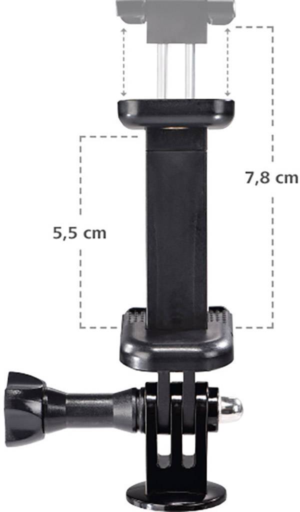 Black adjustable mobile phone holder with a minimum height of 5.5 cm and a maximum height of 7.8 cm, with a side-mounted rotary knob.