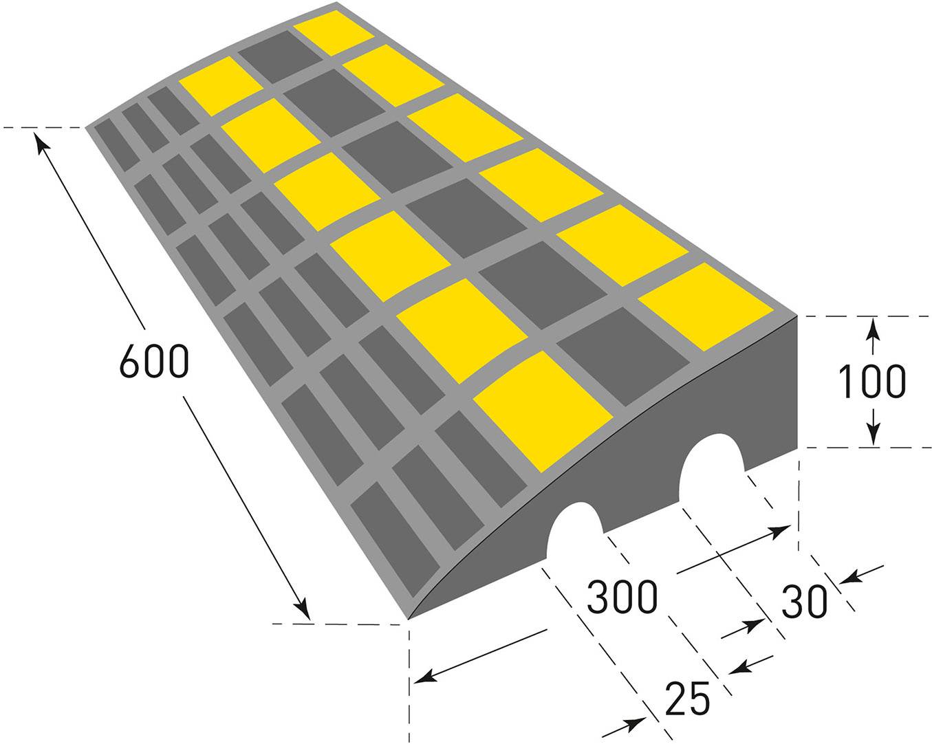 Diagram of a rectangular traffic bump with yellow squares, dimensions: length 600 mm, height 100 mm, width 300 mm.