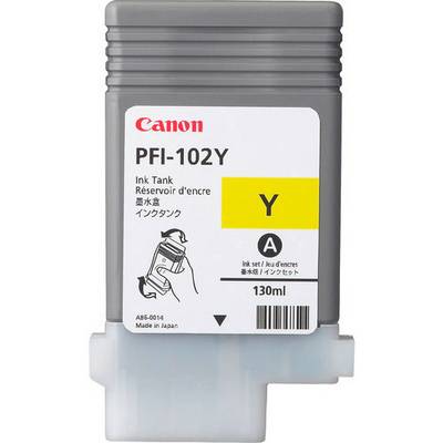 Grey ink cartridge with a yellow label displaying 'PFI-102Y', 'Y', and '130ml', manufactured by Canon for printers.