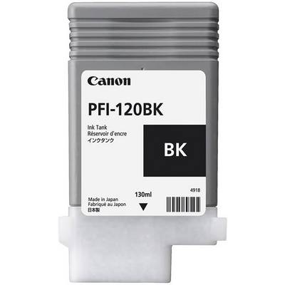 Grey ink container with the inscription 'PFI-120BK' and '130ml'. Brand: Canon. Contains black ink.