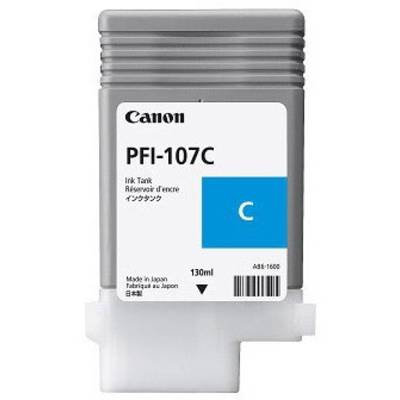 Grey ink cartridge with the inscription 'Canon PFI-107C', contains cyan blue ink, 130 ml, manufactured in Japan.