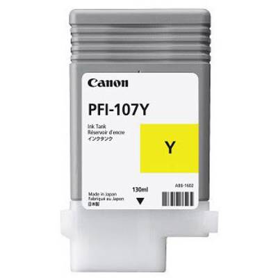 Canon ink cartridge, model PFI-107Y, colour Yellow, capacity 130 ml, with labelling in multiple languages.