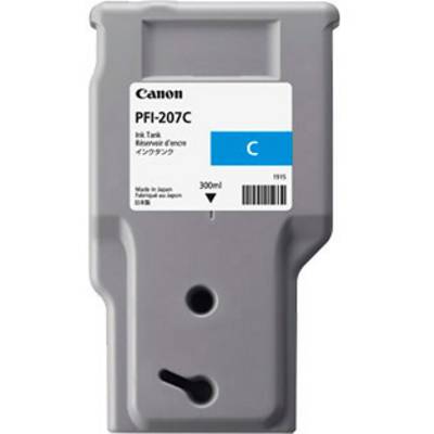 Grey ink reservoir tank 'Canon PFI-207C' with 300 ml, suitable for Canon printers, manufactured in Japan.