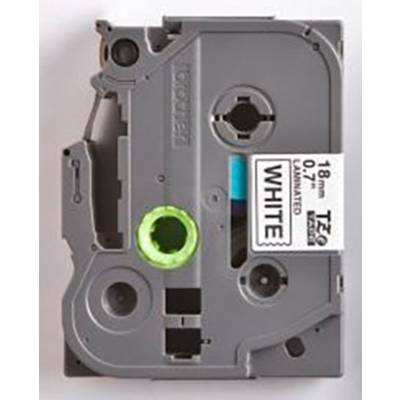 Grey labelling tape with text 'WHITE 18mm 0.7 Laminated' on a green spool, suitable for label printers.