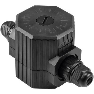 Black plastic splitter with two cable connections and 'INPUT' marking on the side, used in electrical installations.