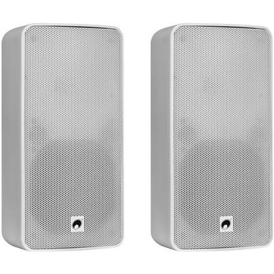 Two white speakers with silver metal grilles, positioned side by side. Ideal for stereo sound.