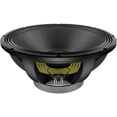 A black loudspeaker with a wide cone and yellow coils is shown from above. The loudspeaker has an industrial design.